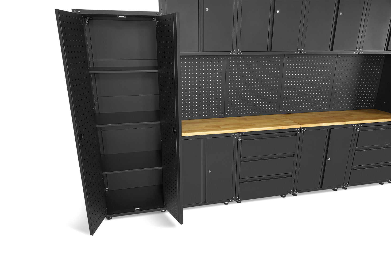 FÉM SZEKRÉNY KÉSZLET MUNKALAPPAL MŰHELYBE 236.5 X 402 X 48.2 CM MATT FEKETE 16 DB HBM MACHINES