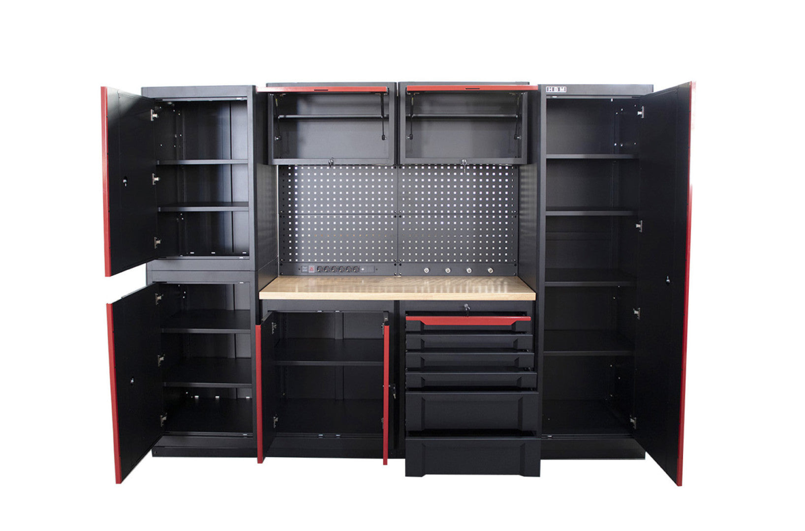 FÉM SZEKRÉNY KÉSZLET MUNKALAPPAL MŰHELYBE 10 DB FEKETE/PIROS HBM