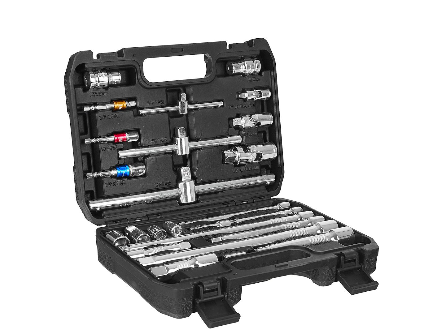 Hosszabbító adapter és t-markolat készlet 1/4″ 3/8″ 1/2″ CRV 25 db GEKO