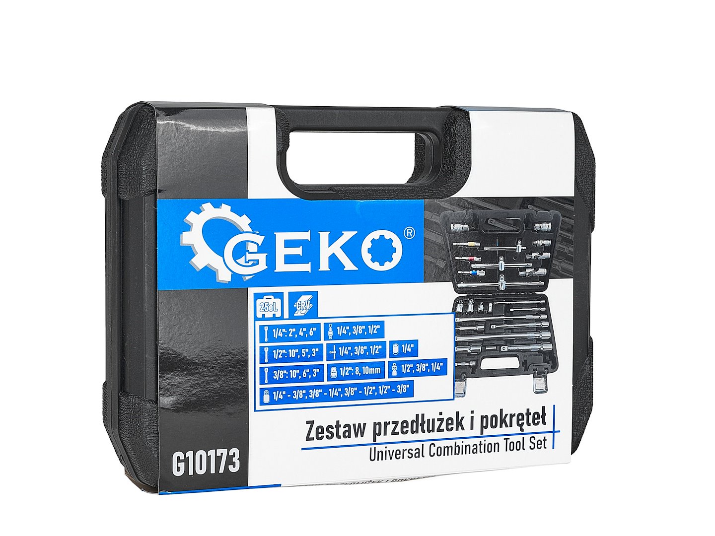 Hosszabbító adapter és t-markolat készlet 1/4″ 3/8″ 1/2″ CRV 25 db GEKO