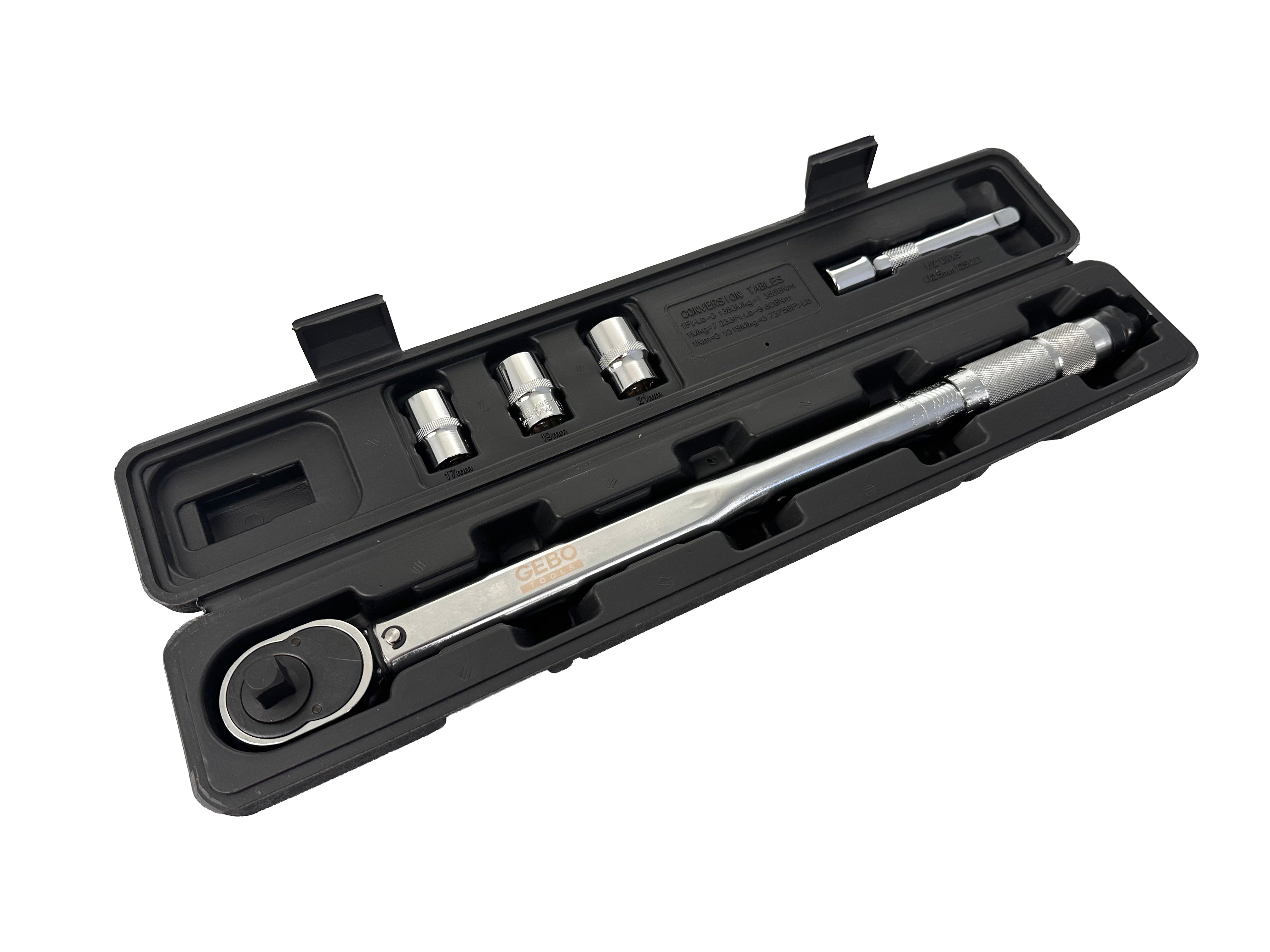 Nyomatékkulcs készlet 1/2" 5 db 28-210 NM, 1/2" dugókulcsok 17–19–21 mm, hosszabbító GEBO TOOLS