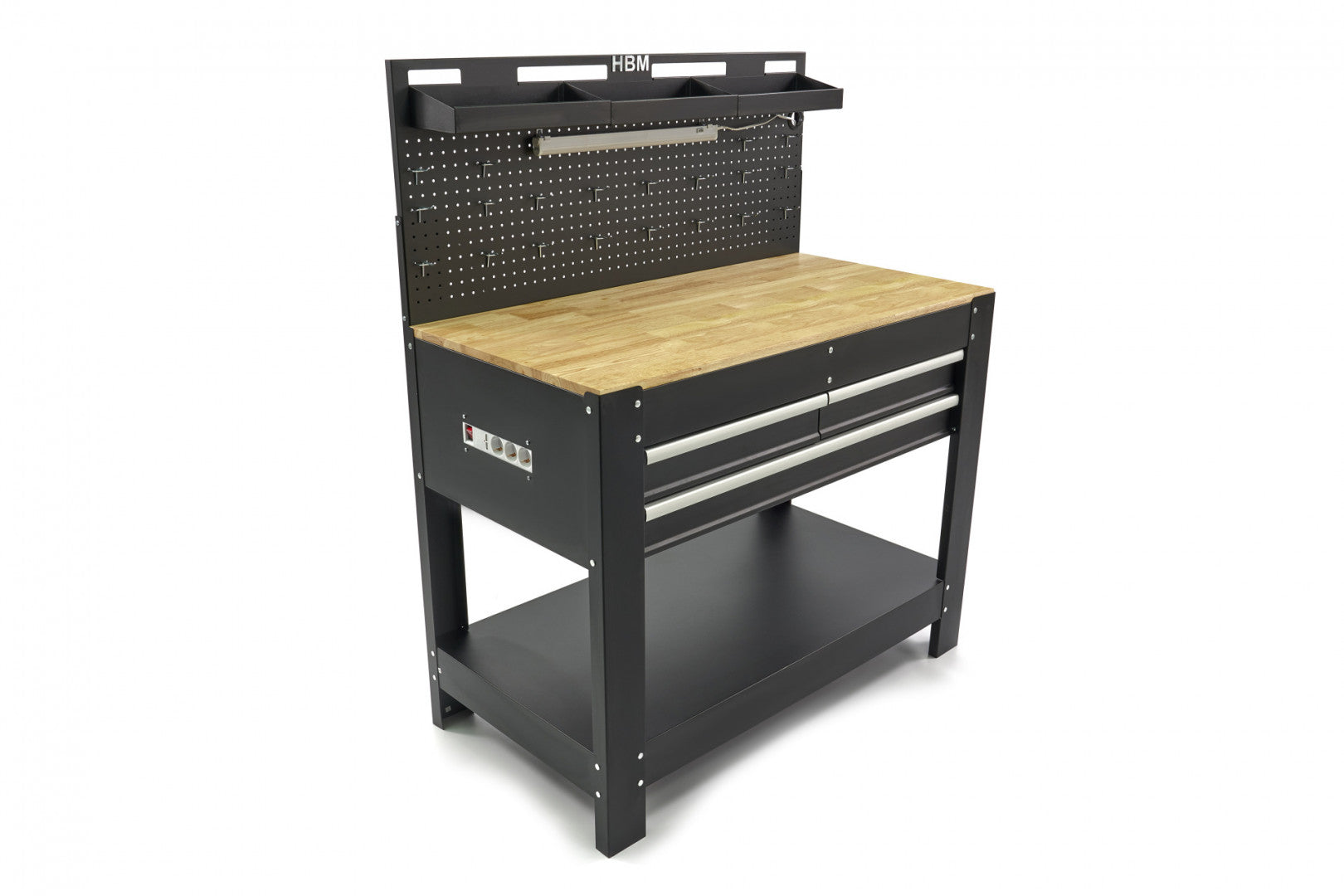 Professzionális fémmunkapad 3 fiókos, masszív fa munkalappal, LED világítású panel, 230V-os aljzatok, USB port, hossz 115 cm