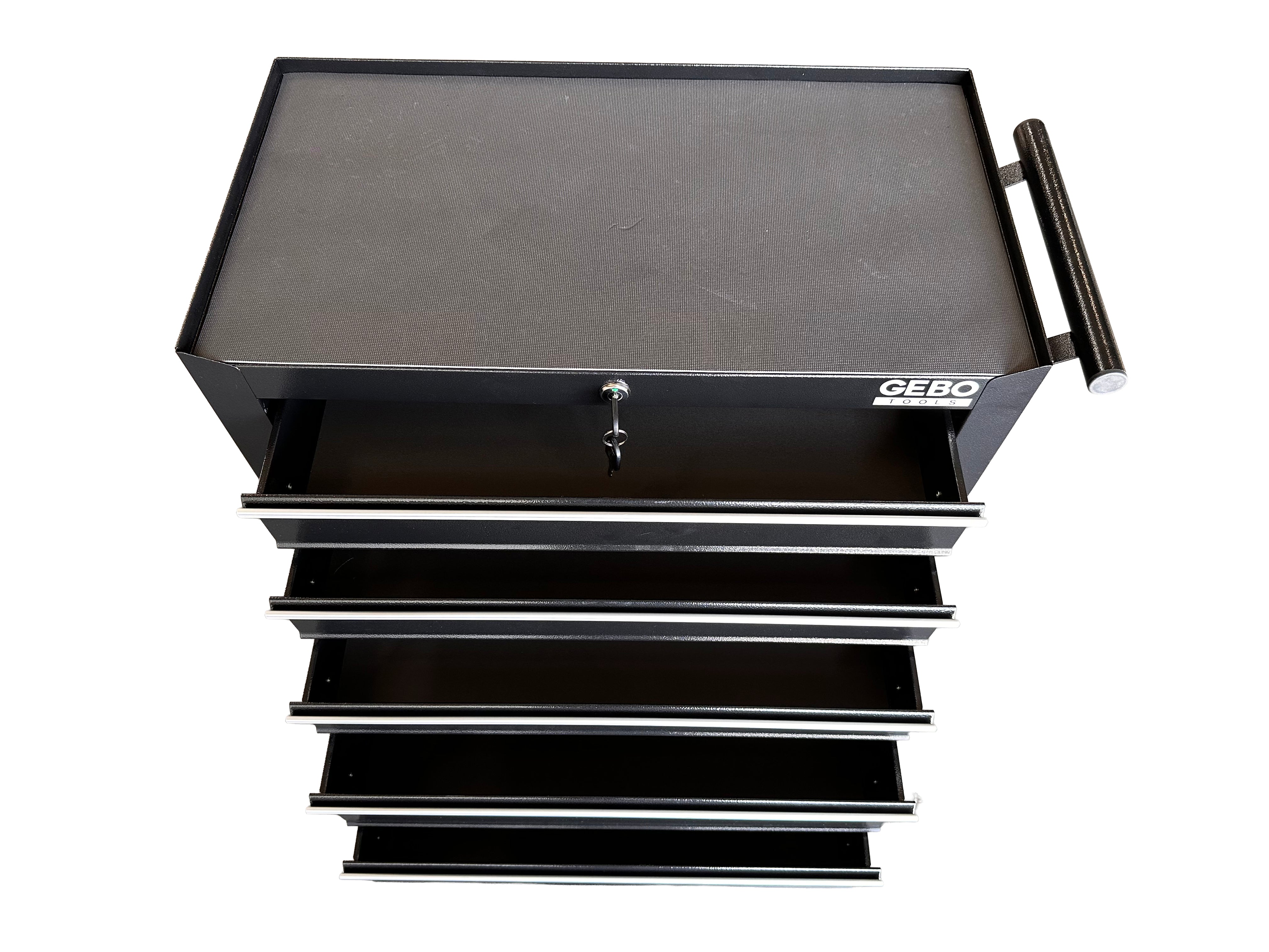 Üres fém szerszámos kocsi - szerszámos szekrény 5 fiókos, fekete, kerekekkel 78 x 62 x 33 cm GEBO TOOLS