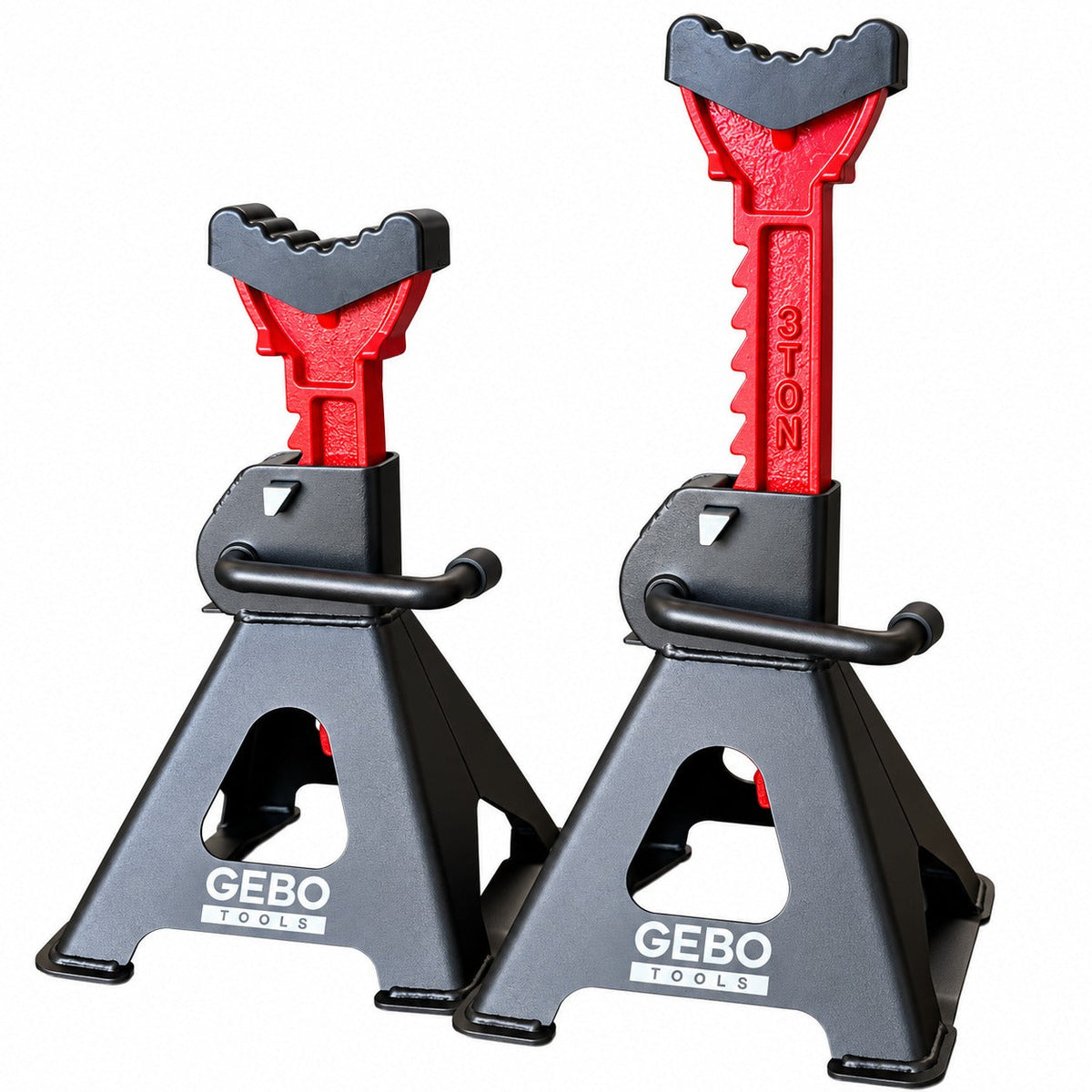 Tartóbak készlet 2 db 3 t 29.5-43 cm dupla biztosítóval és autóküszöb védő gumi tamponnal GEBO TOOLS