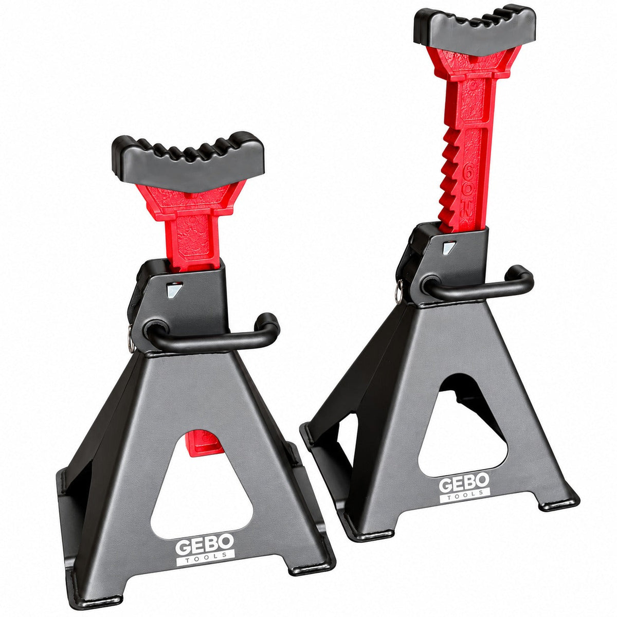 Tartóbak készlet 2 db 6 t 39-60 cm dupla biztosítóval és autóküszöb védő gumi tamponnal GEBO TOOLS