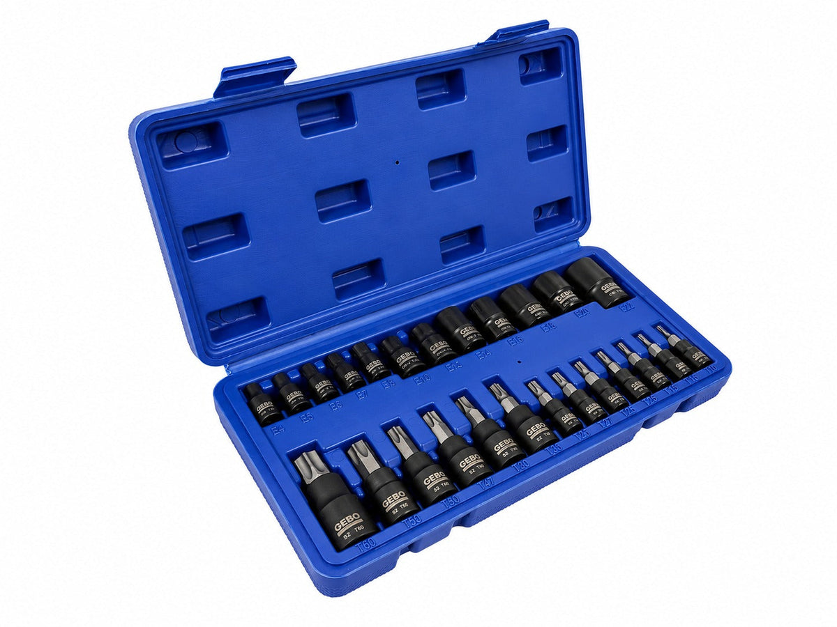 Torx bit és dugókulcs készlet t8–t60 e-profil e4–e20 1/4" 3/8" 1/2" 25 db GEBO TOOLS