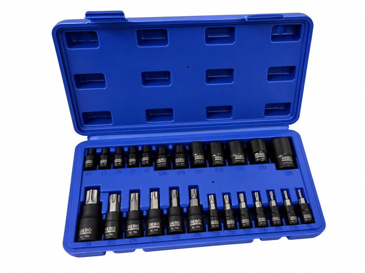 Torx bit és dugókulcs készlet t8–t60 e-profil e4–e20 1/4" 3/8" 1/2" 25 db GEBO TOOLS