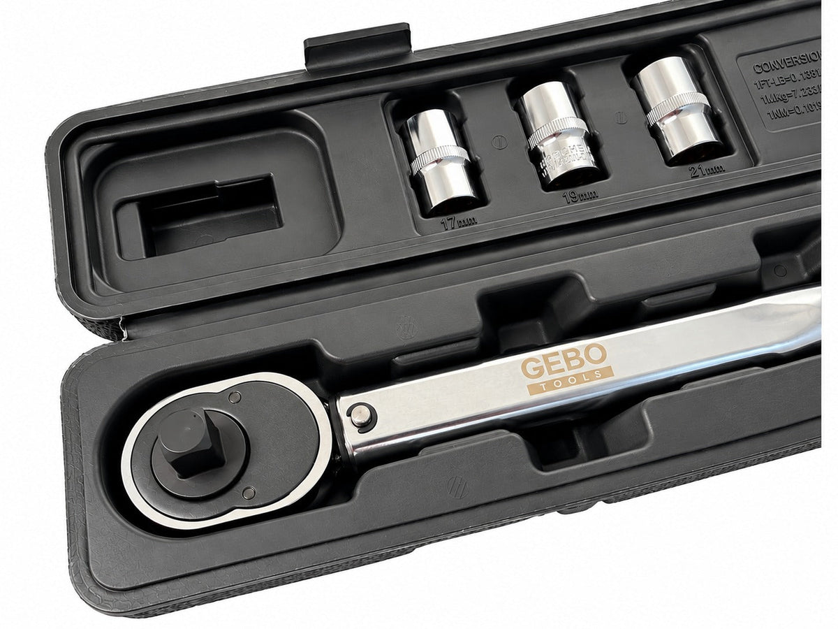 Nyomatékkulcs készlet 1/2" 5 db 28-210 NM, 1/2" dugókulcsok 17–19–21 mm, hosszabbító GEBO TOOLS
