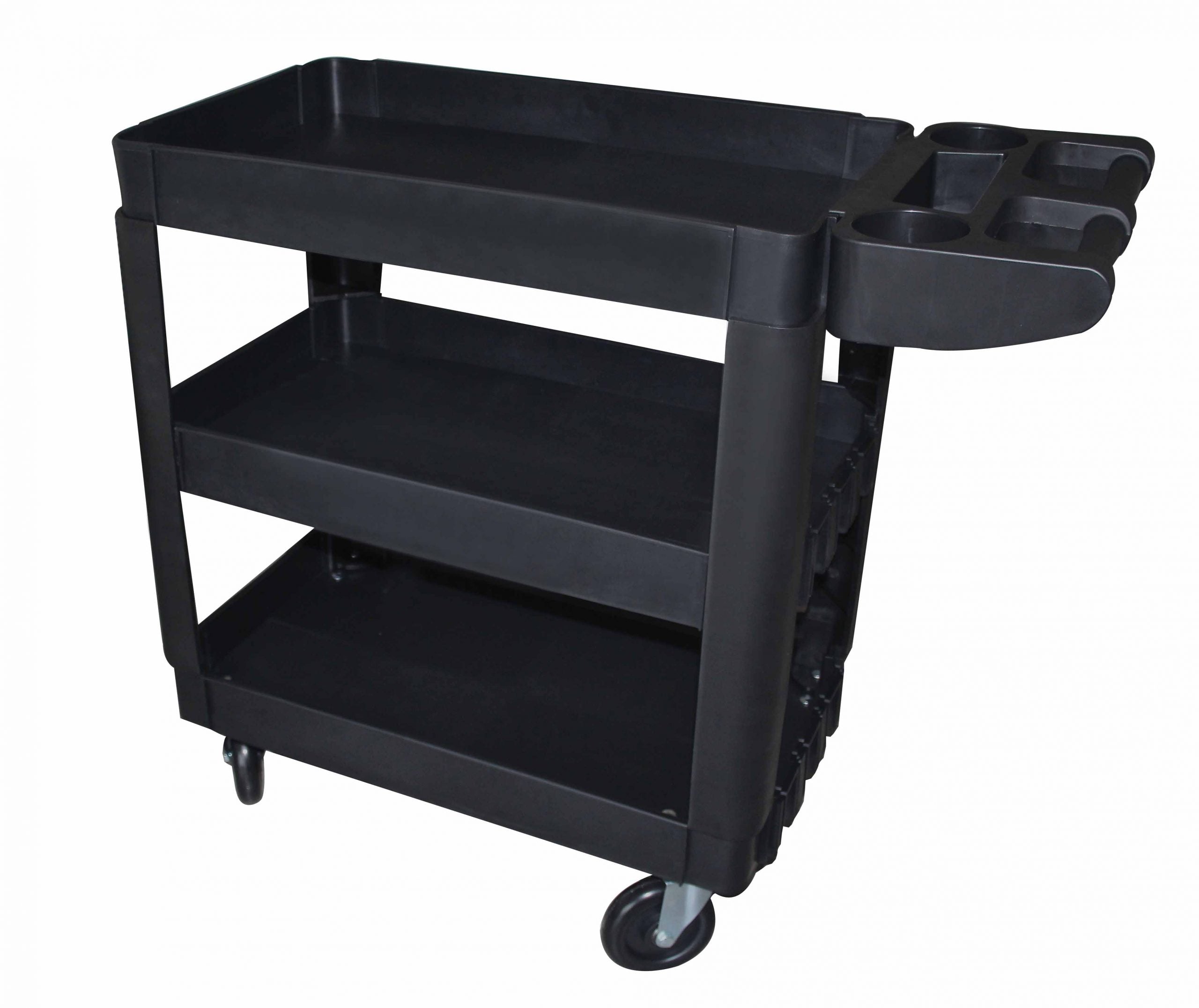 Szerszámos kocsi strapabíró műanyagból, 3 polccal, 250 kg teherbírással, fogantyúkkal és forgó kerekekkel, 69,5×41×90,5 cm