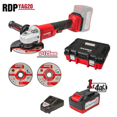 SAROKCSISZOLÓ R20 125 MM 4Ah AKKUMULÁTORRAL, 2 VÁGÓKORONGGAL ÉS MŰANYAG DOBOZZAL RAIDER PRO