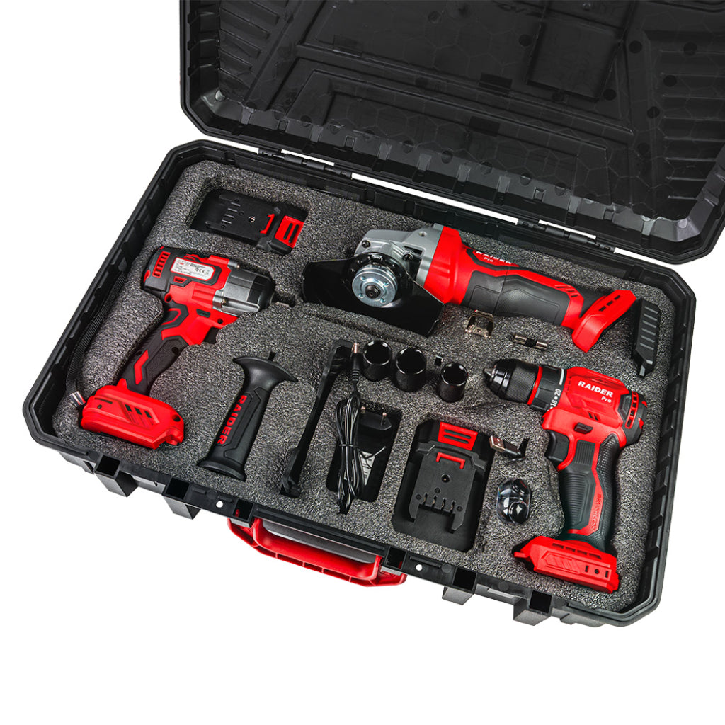 KÉSZLET FÚRÓ ÉS CSAVAROZÓ 50 NM, ÜTVECSAVAROZÓVAL 1/2" 320 NM, SAROKCSISZOLÓVAL 125 MM, 2×2AH AKKUMULÁTORRAL RAIDER PRO