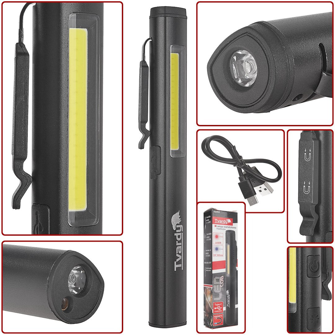 ÚJRATÖLTHETŐ COB LED LÁMPA LÉZERREL, UV-FÉNNYEL ÉS MÁGNESSEL, 5 W, 800 MAH, 400 LUMEN