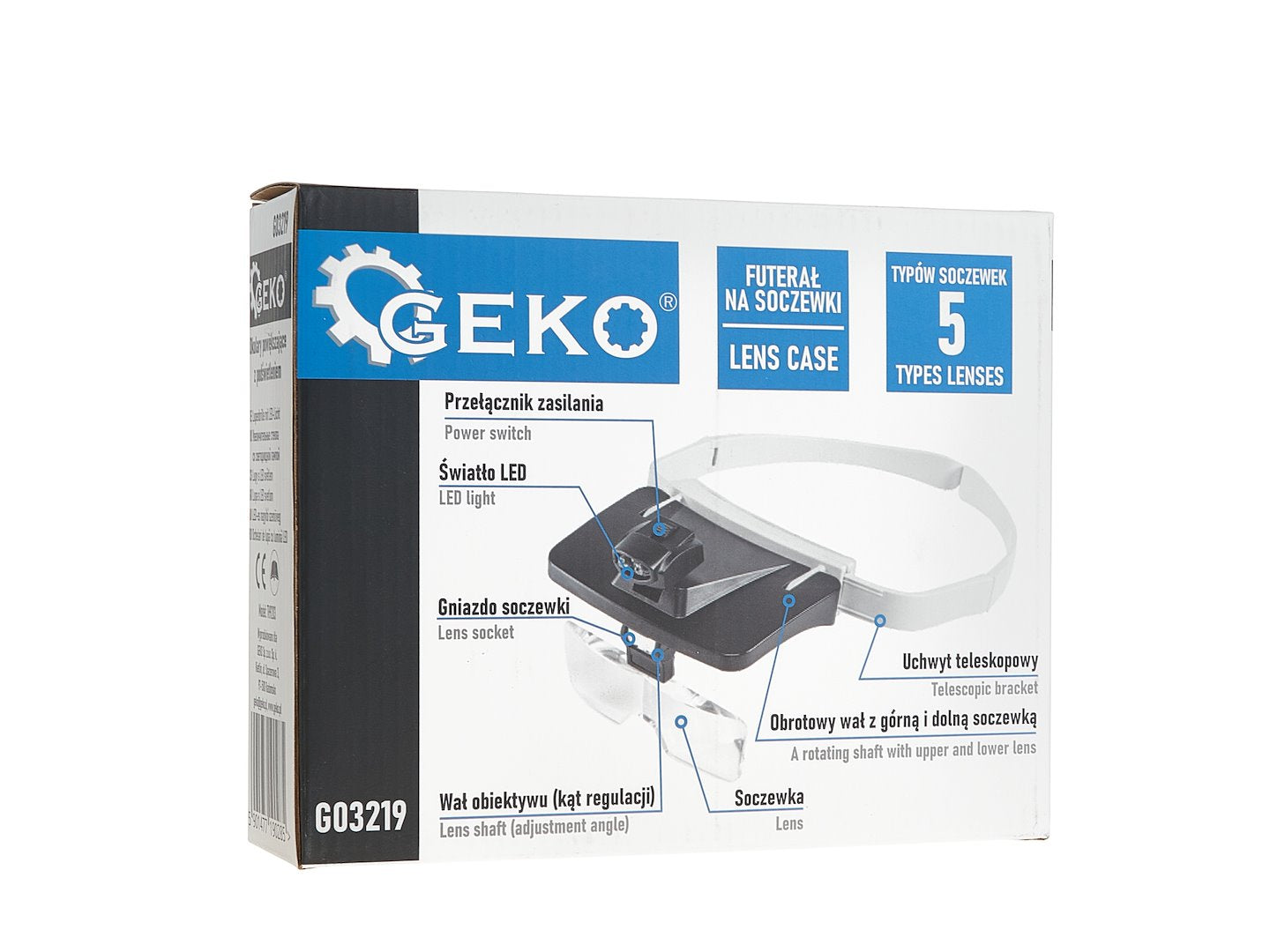 NAGYÍTÓ SZEMÜVEG 5 CSERÉLHETŐ LENCSÉVEL LED MEGVILÁGÍTÁSSAL GEKO
