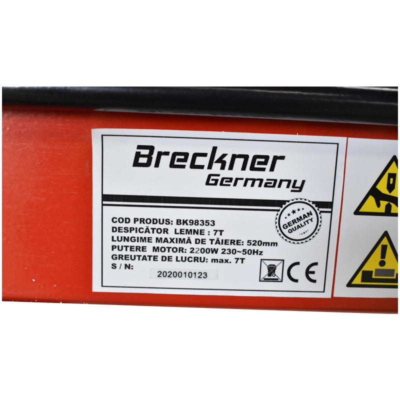 Vízszintes rönkhasító, 7 tonnás, 230 V, 2 kW, állítható magasságú állvánnyal és védelemmel, Breckner Germany