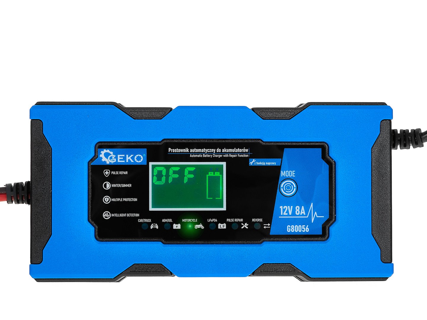 AUTÓ AKKUMULÁTOR BIKÁZÓ - EGYENIRÁNYÍTÓ DIGITÁLIS LCD KIJELZŐVEL 12V 8A JAVÍTÓ FUNKCIÓVAL GEKO