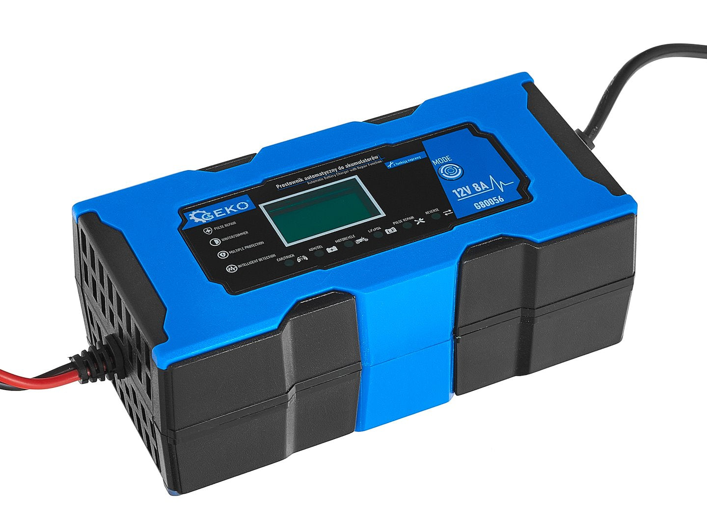 AUTÓ AKKUMULÁTOR BIKÁZÓ - EGYENIRÁNYÍTÓ DIGITÁLIS LCD KIJELZŐVEL 12V 8A JAVÍTÓ FUNKCIÓVAL GEKO
