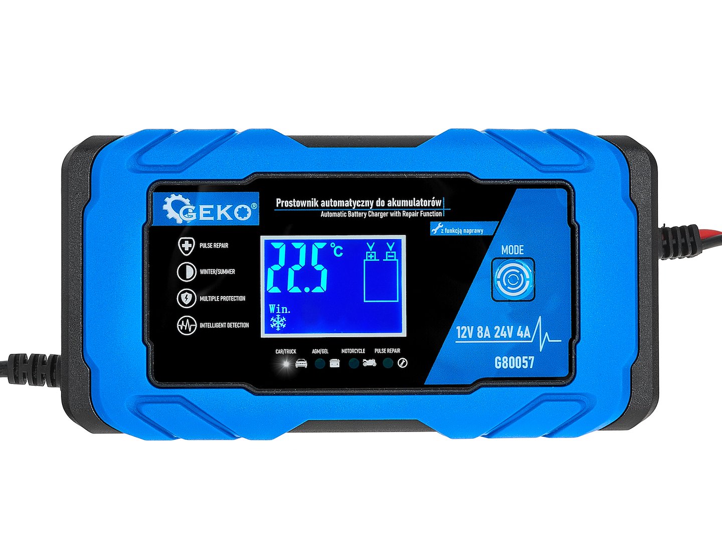 AUTÓ AKKUMULÁTOR BIKÁZÓ - EGYENIRÁNYÍTÓ DIGITÁLIS LCD KIJELZŐVEL 12V/24V 8A JAVÍTÓ FUNKCIÓVAL GEKO
