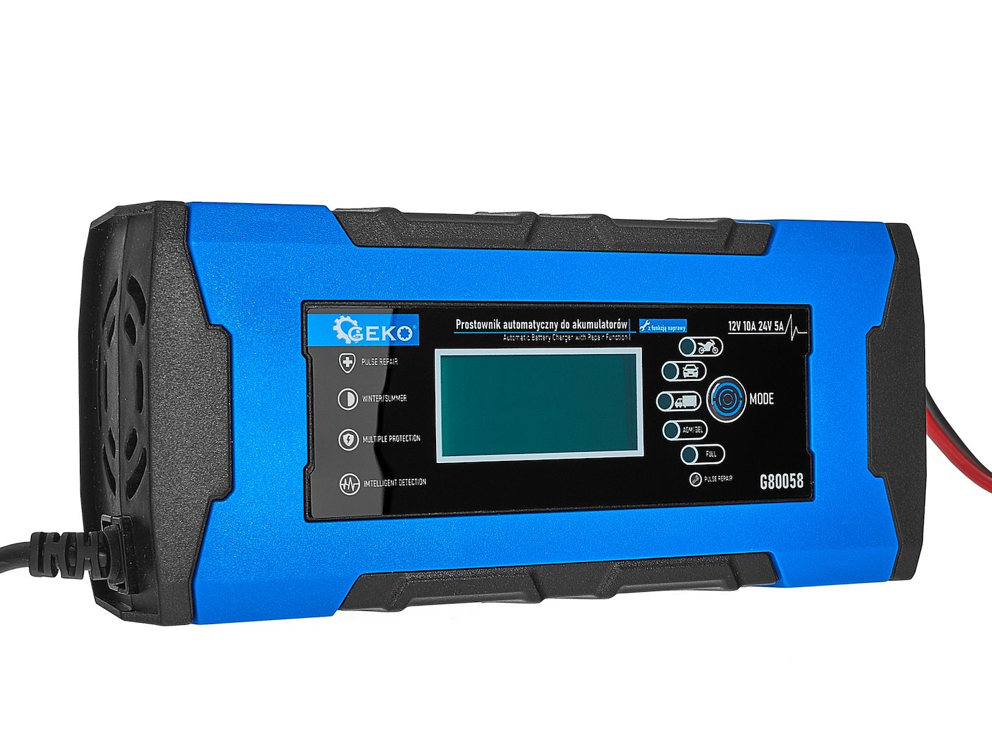 AUTÓ AKKUMULÁTOR BIKÁZÓ - EGYENIRÁNYÍTÓ DIGITÁLIS LCD KIJELZŐVEL 12V/24V 10A JAVÍTÓ FUNKCIÓVAL GEKO