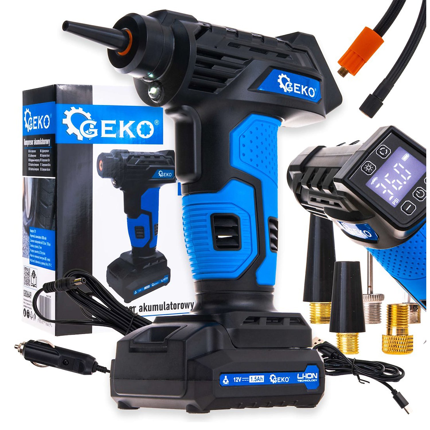 HORDOZHATÓ AUTÓS KOMPRESSZOR AKKUMULÁTORRAL 12V ÉS LCD KIJELZŐVEL GEKO