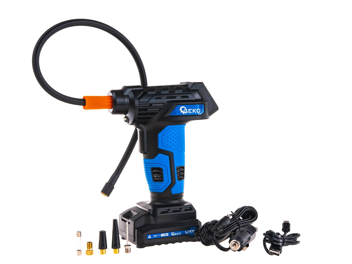 HORDOZHATÓ AUTÓS KOMPRESSZOR AKKUMULÁTORRAL 12V ÉS LCD KIJELZŐVEL GEKO