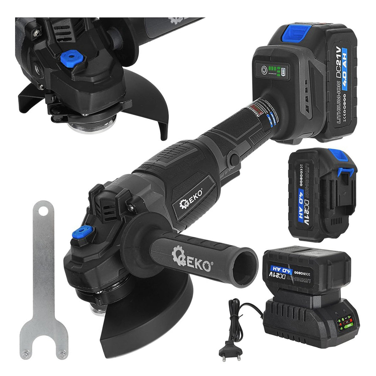 Akkumulátoros sarokcsiszoló 125 mm, 950 w, 21 v, 2 × 4 Ah GEKO