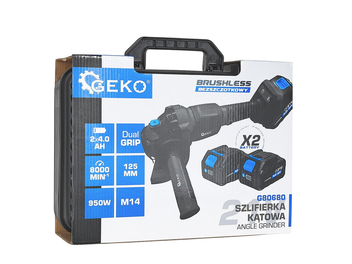 Akkumulátoros sarokcsiszoló 125 mm, 950 w, 21 v, 2 × 4 Ah GEKO