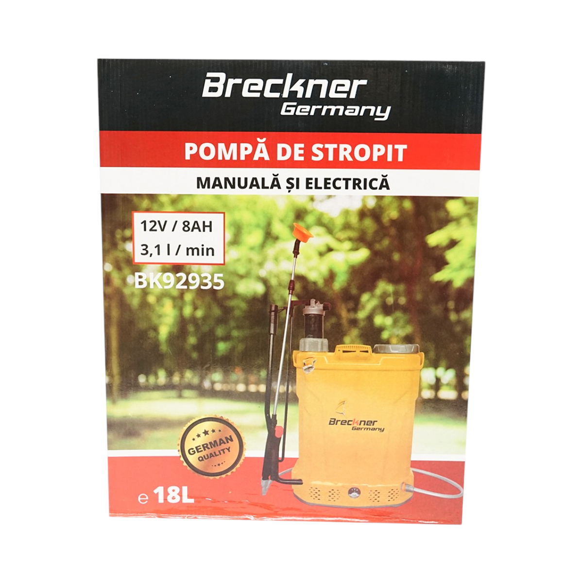 Permetezőgép (vermorel) 2 az 1-ben, kézi és elektromos, 18L tartállyal, 12V 8Ah akkumulátor, 3.1 l/perc áramlás, Breckner Germany