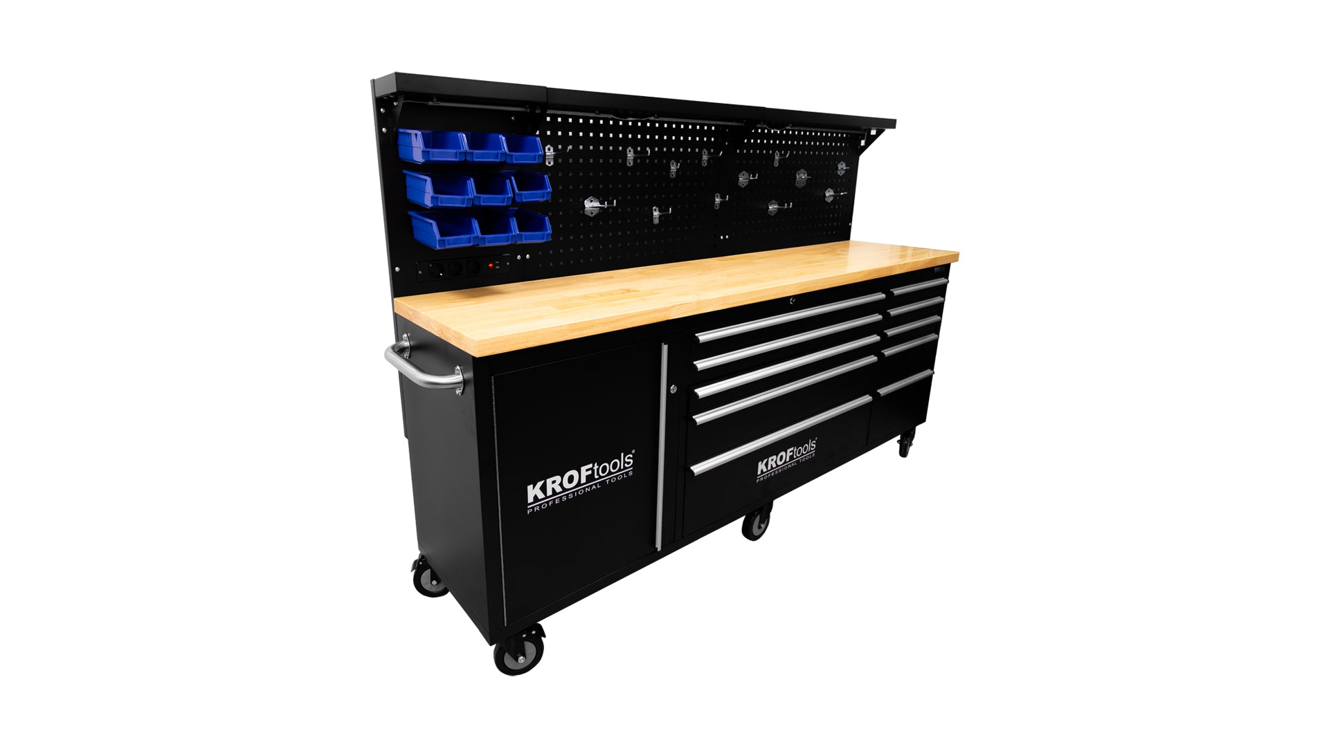 PROFESSZIONÁLIS FÉM MUNKAPAD, 10 FIÓKKAL, TÖMÖRFA MUNKALAPPAL, LED VILÁGÍTÁSÚ PANELLEL, 230V-OS ALJZATOKKAL, USB PORTTAL, 213 CM HOSSZÚSÁG