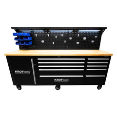 PROFESSZIONÁLIS FÉM MUNKAPAD, 10 FIÓKKAL, TÖMÖRFA MUNKALAPPAL, LED VILÁGÍTÁSÚ PANELLEL, 230V-OS ALJZATOKKAL, USB PORTTAL, 213 CM HOSSZÚSÁG