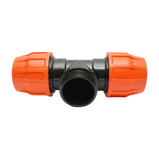 T-idom, külső menetes, egyenlő Layflat kompressziós csatlakozással, D3x3x3 col, PN6, öntözőrendszerhez