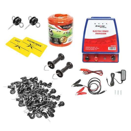 Teljes elektromos kerítéskészlet, 12/220 V, 3,5 Joule, 500 m vezeték, 50 szigetelő és figyelmeztetőtáblák, Breckner Germany