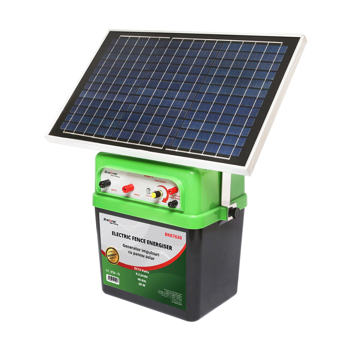 Impulzusgenerátor elektromos kerítéshez, 12 V, 6,2 Joule, 40 km hatótáv, 20 W napelemmel, Breckner Germany