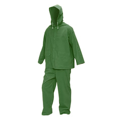 Esőálló munkaruha, XL méret, kapucnis kabáttal és kertésznadrággal, poliészter és PVC, zöld, Breckner Germany