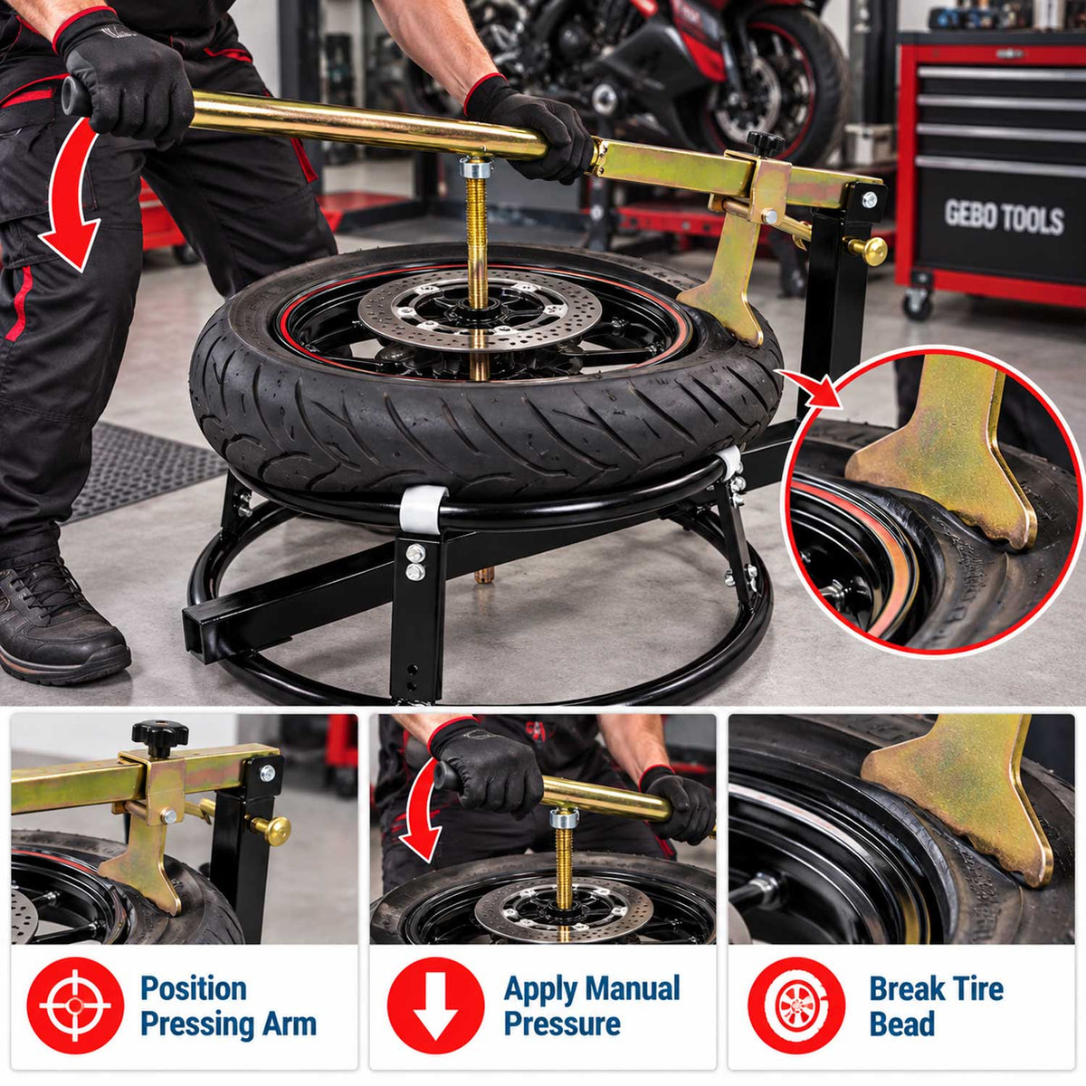 Kézi motorkerékpár gumiszerelő állvány 16" - 21" GEBO TOOLS