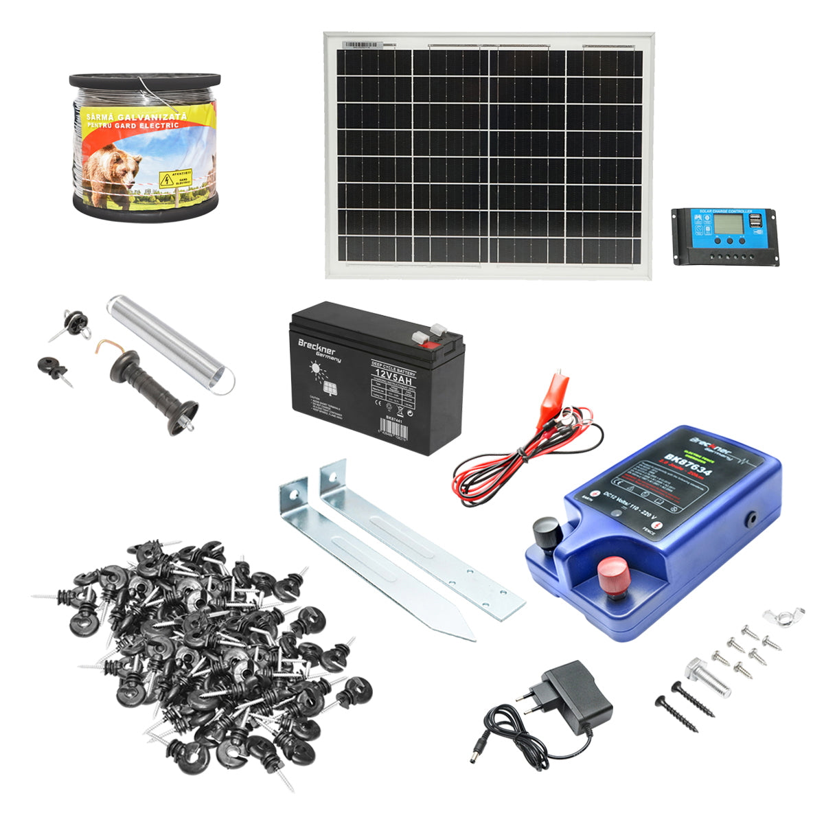 Teljes elektromos kerítéskészlet, 12/220 V, 3 Joule, 20 W napelemmel, 1000 m huzal, 100 szigetelő, kapukészlet és 12 V / 17 Ah akkumulátor, Breckner Germany