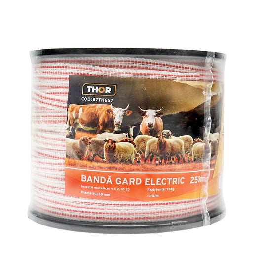 Elektromos kerítés szalag, piros-fehér, 10 mm széles, 4×0,16 mm rozsdamentes acél betéttel, ellenállás 13 Ohm/m, 250 m, Thor