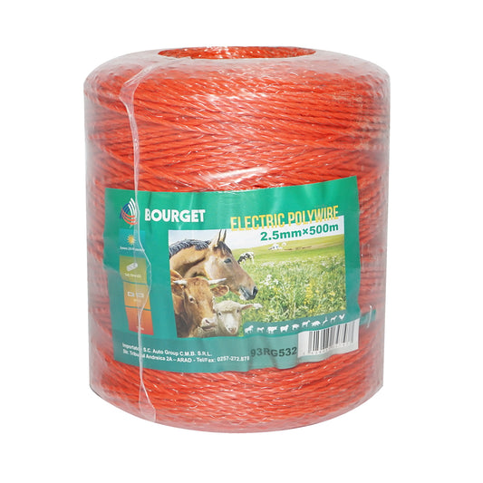 Elektromos kerítés dróttekercs, narancssárga, 2,5 mm átmérő, 3×0,15 mm rozsdamentes acél betéttel, ellenállás 15 Ohm/m, 500 m, Bourget