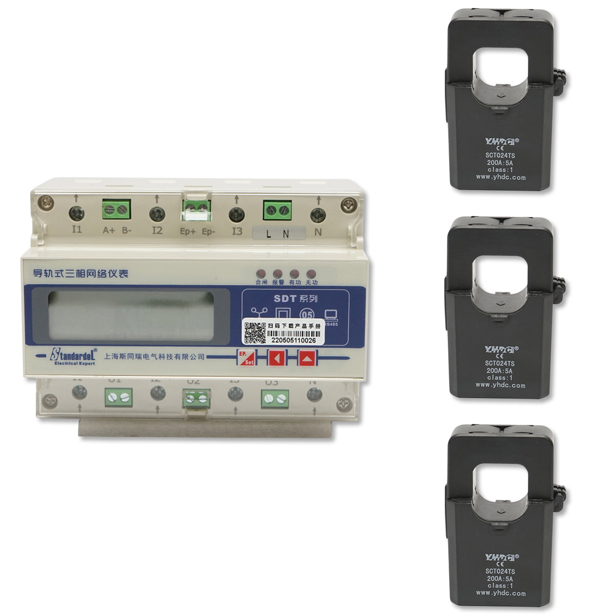 Háromfázisú intelligens fogyasztásmérő relé készlet 3x400-690V/50Hz, 6400imp/Kwh digitális biztosítékkal 200A/5A 35 mm