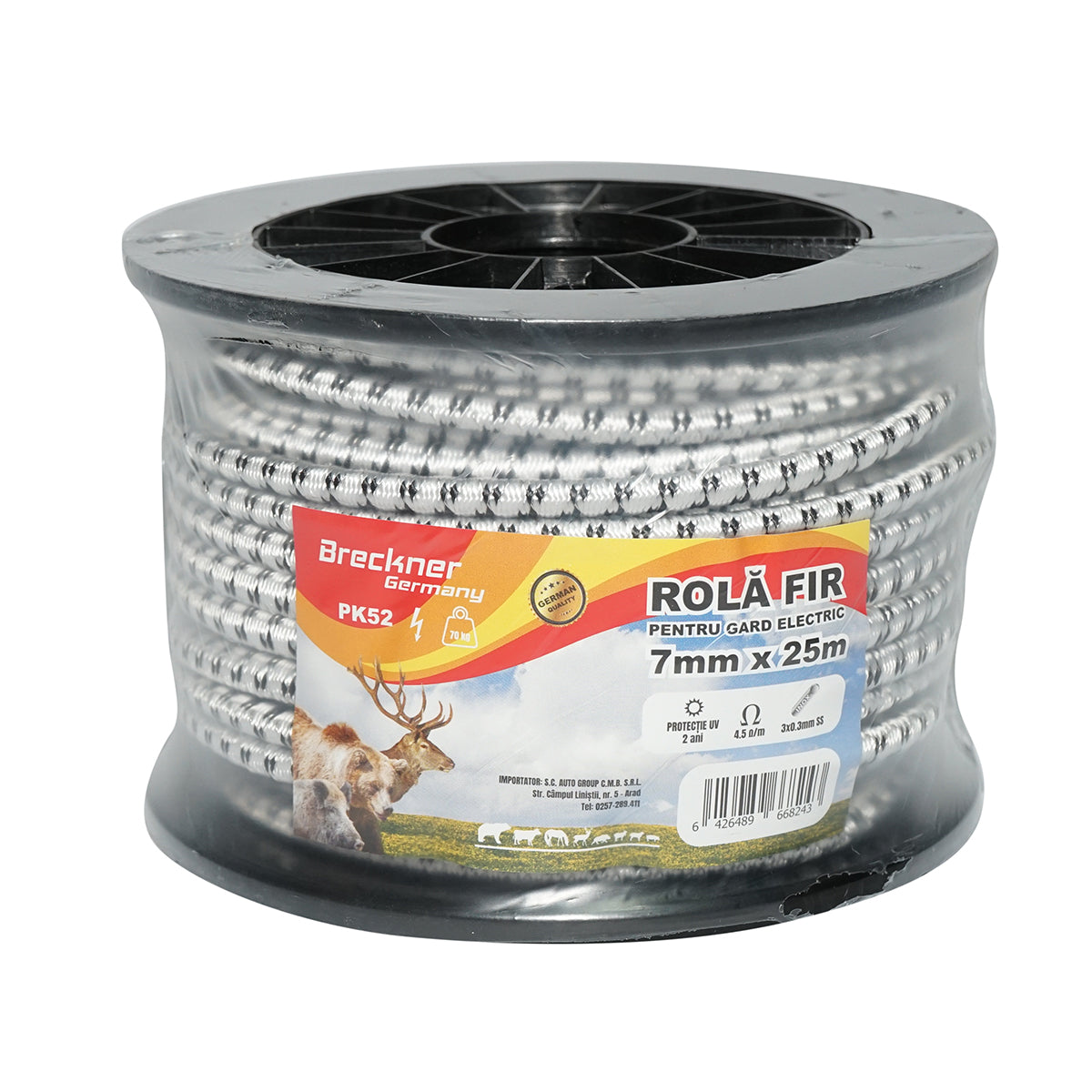 Elektromos kerítés dróttekercs, fehér-fekete, 7 mm átmérő, rugalmas kivitel, 3×0,3 mm rozsdamentes acél betéttel, ellenállás 4,5 Ohm/m, 25 m, Breckner Germany