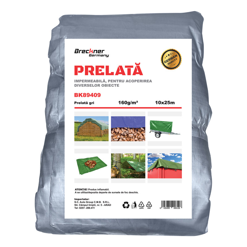 Szürke ponyva rögzítőszemekkel, 160g/m², 10x25 m, Breckner Germany