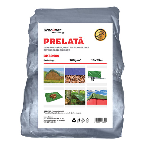SZÜRKE PONYVA RÖGZÍTŐSZEMEKKEL, 160G/M², 10X25 M, BRECKNER GERMANY