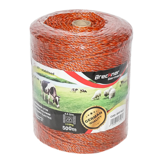 Elektromos kerítés dróttekercs, narancssárga-barna, 3 mm átmérő, 5×0,2 mm rozsdamentes acél betéttel, ellenállás 4,5 Ohm/m, 500 m, Breckner Germany