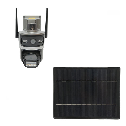 Dupla lencsés megfigyelő kamera, 4 MP, 4G SIM kártyával és WIFI 2.4 GHz kapcsolattal, 7.6W napelemmel, 18650 mAh gyors­töltésű akkumulátorral, 360° forgatható PTZ, mozgásérzékelővel, PIR emberi jelenlét érzékeléssel, riasztással, éjjellátással és iCSee alkalmazással