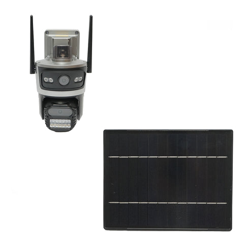 Dupla lencsés megfigyelő kamera, 4 MP, 4G SIM kártyával és WIFI 2.4 GHz kapcsolattal, 7.6W napelemmel, 18650 mAh gyors­töltésű akkumulátorral, 360° forgatható PTZ, mozgásérzékelővel, PIR emberi jelenlét érzékeléssel, riasztással, éjjellátással