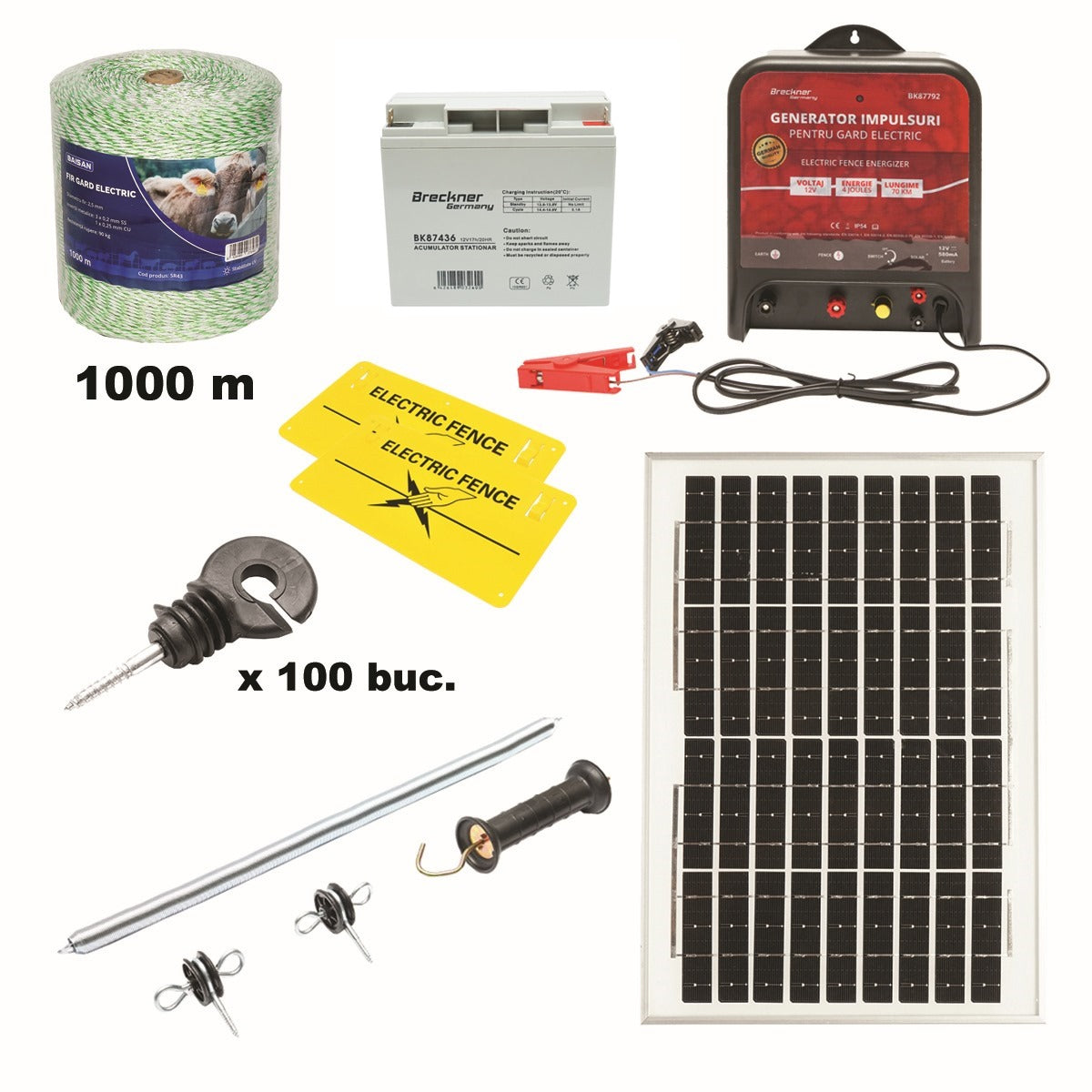 Teljes elektromos kerítéskészlet, 12 V, 4 Joule, 20 W napelemmel, 1000 m vezeték, 100 szigetelő, fogantyú, kapukészlet és 2 figyelmeztetőtábla, Breckner Germany