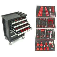 PROFESSZIONÁLIS FELSZERELT SZERSZÁMOS KOCSI – SZERSZÁMOS SZEKRÉNY HBM 7 FIÓKKAL, 154 DARABOS KÉSZLET, 4 SZÉNMODUL – HOLLANDIA, PRÉMIUM