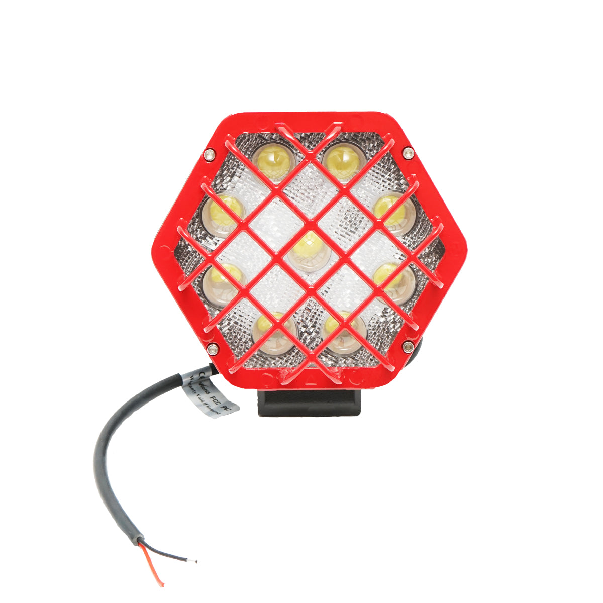 Hatszögletű reflektor, piros fémráccsal, 9 LED, 30° sugárzási szög, DC 10–80V, 27W, Breckner Germany