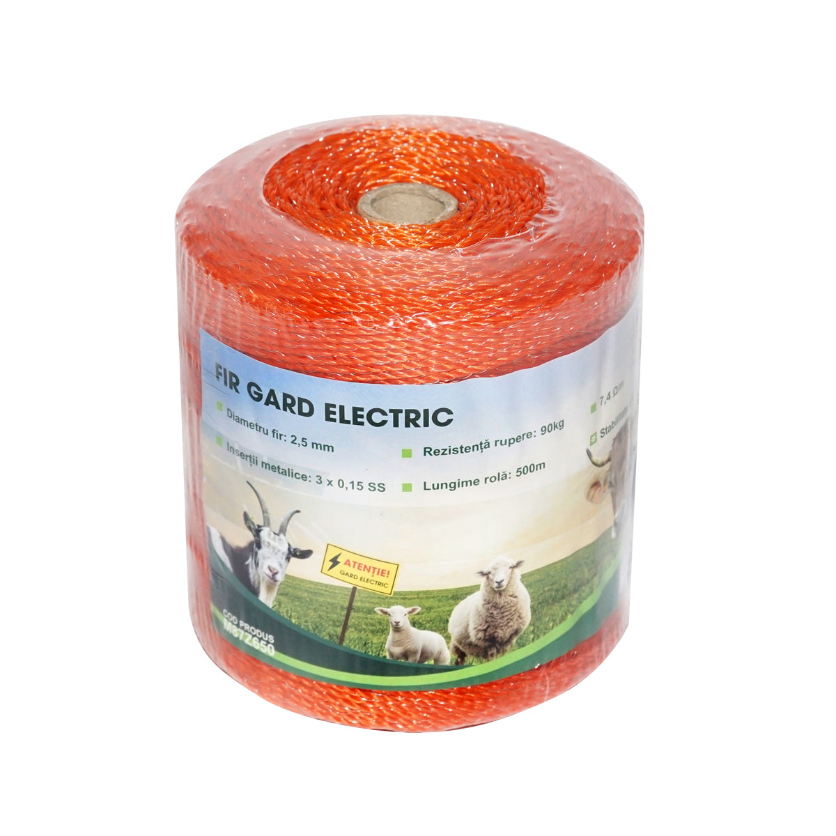 Elektromos kerítés dróttekercs, narancssárga, 2,5 mm átmérő, 3×0,15 mm rozsdamentes acél betéttel, ellenállás 7,4 Ohm/m, 500 m, Mezofarm