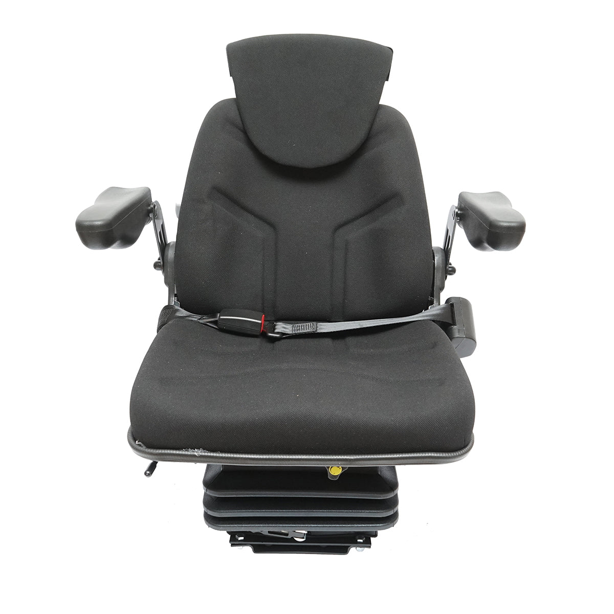 Fekete traktorülés, állítható, kartámasszal, fejtámlával, biztonsági övvel és mechanikus felfüggesztéssel, ülés szélessége 455 mm