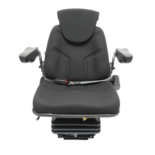 Fekete traktorülés, állítható, kartámasszal, fejtámlával, biztonsági övvel és mechanikus felfüggesztéssel, ülés szélessége 455 mm
